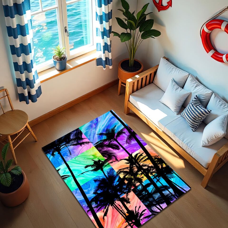 Tropical Sunset Palm Tree Rug – Colorful Modern Living Room Carpet