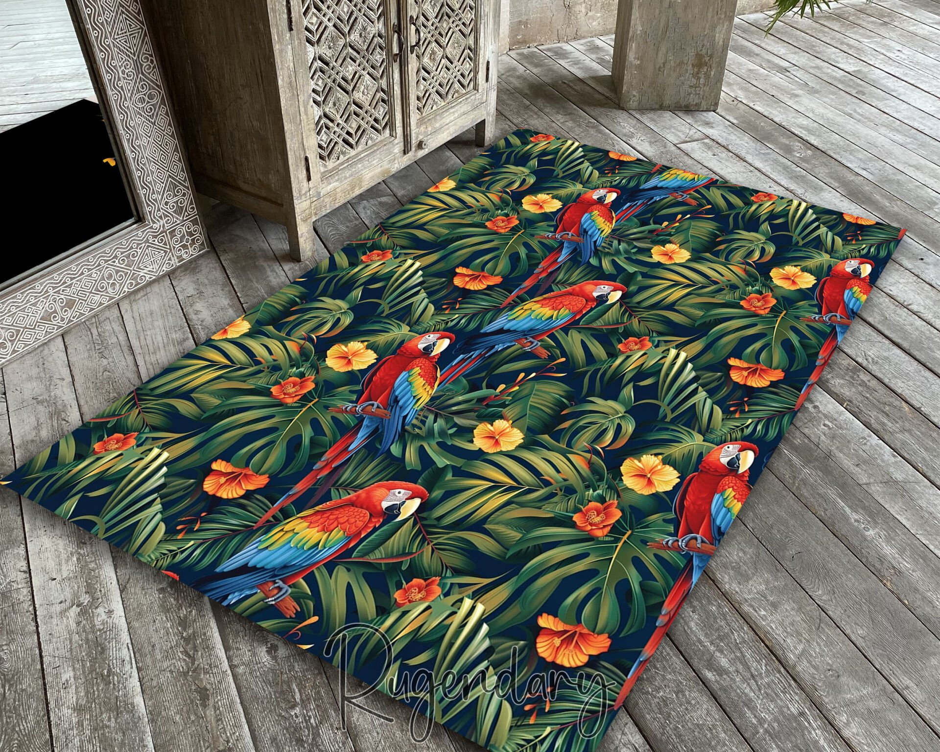 Tropical Parrot and Jungle Leaf Living Room Rug – Vibrant Decorative Carpet
