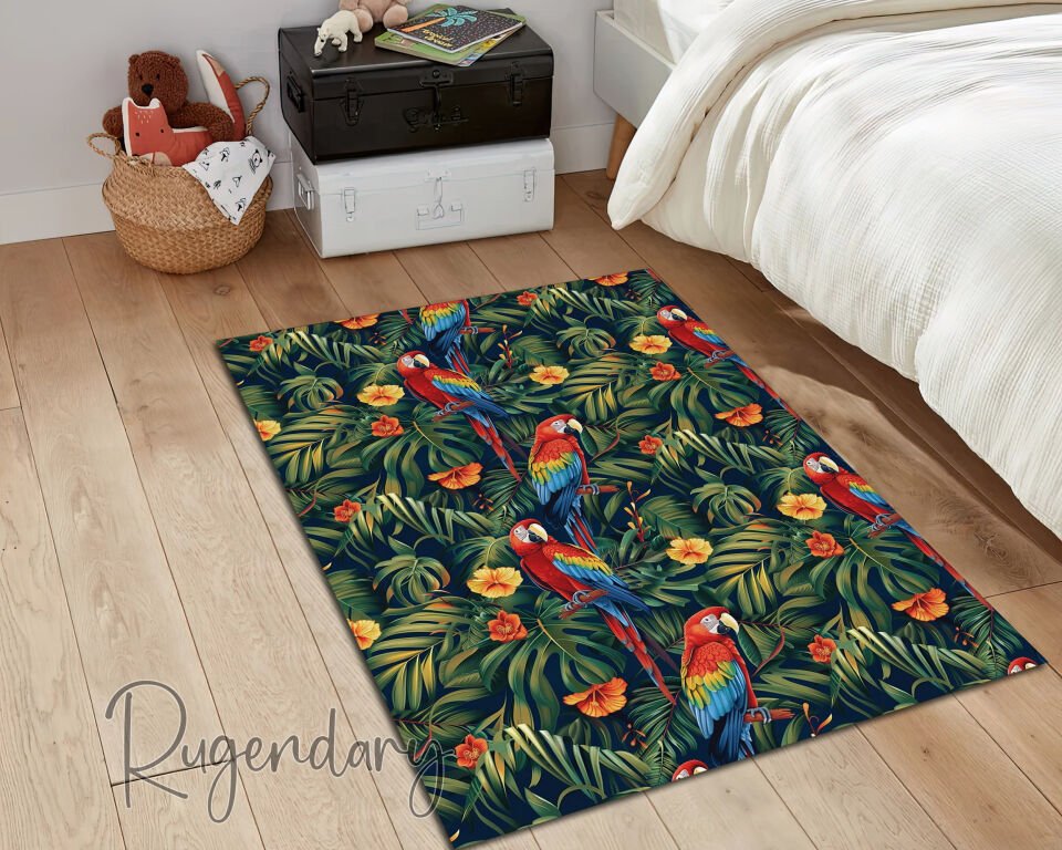 Tropical Parrot and Jungle Leaf Living Room Rug – Vibrant Decorative Carpet