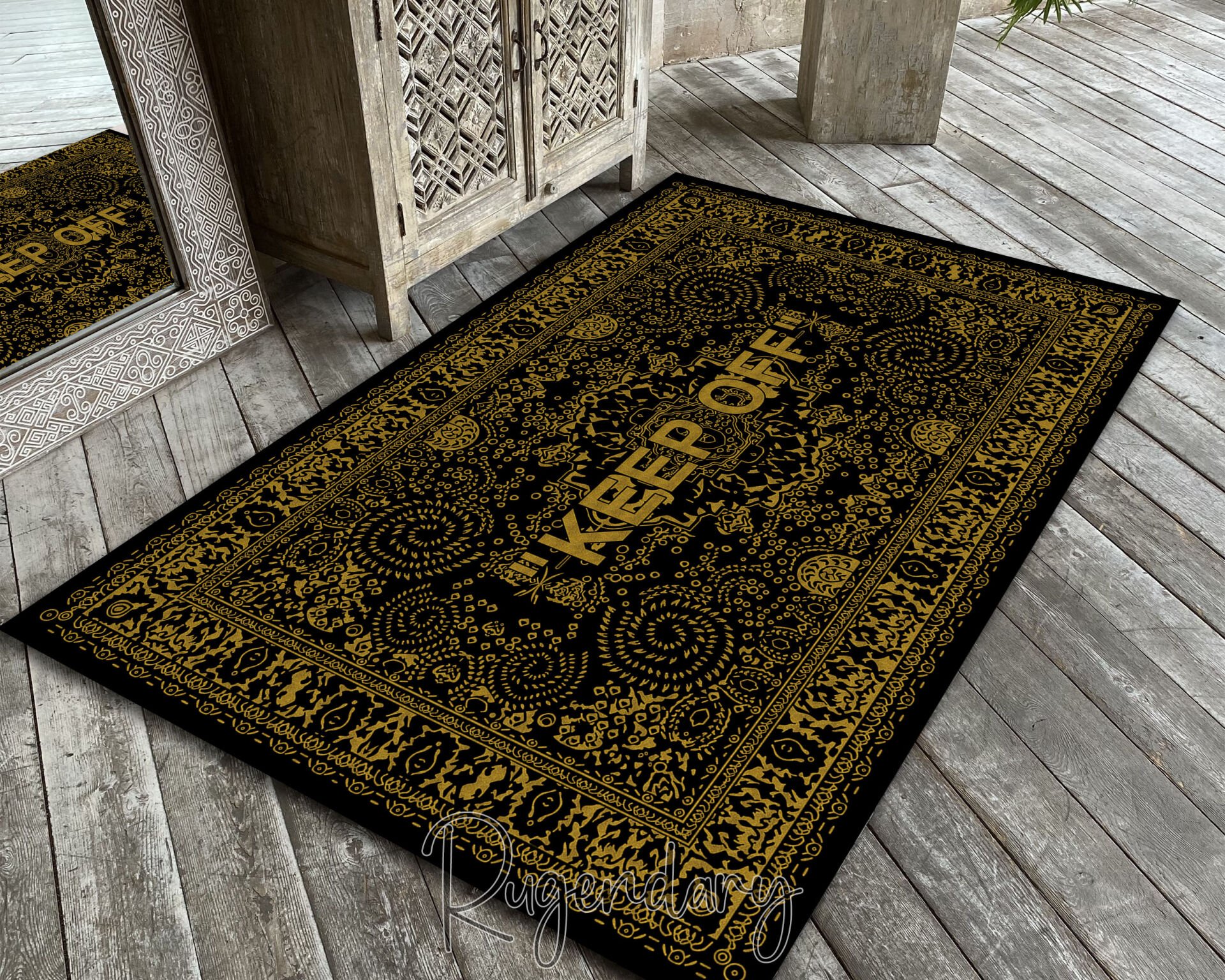 Gold & Black Area Rug with ''KEEP OFF'' Quote – Modern Living Room & Bedroom Carpet