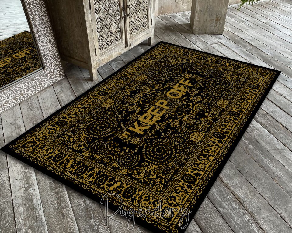 Gold & Black Area Rug with ''KEEP OFF'' Quote – Modern Living Room & Bedroom Carpet