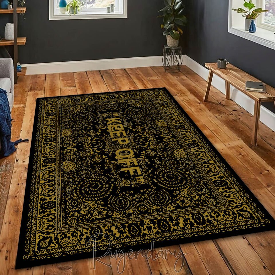 Gold & Black Area Rug with ''KEEP OFF'' Quote – Modern Living Room & Bedroom Carpet