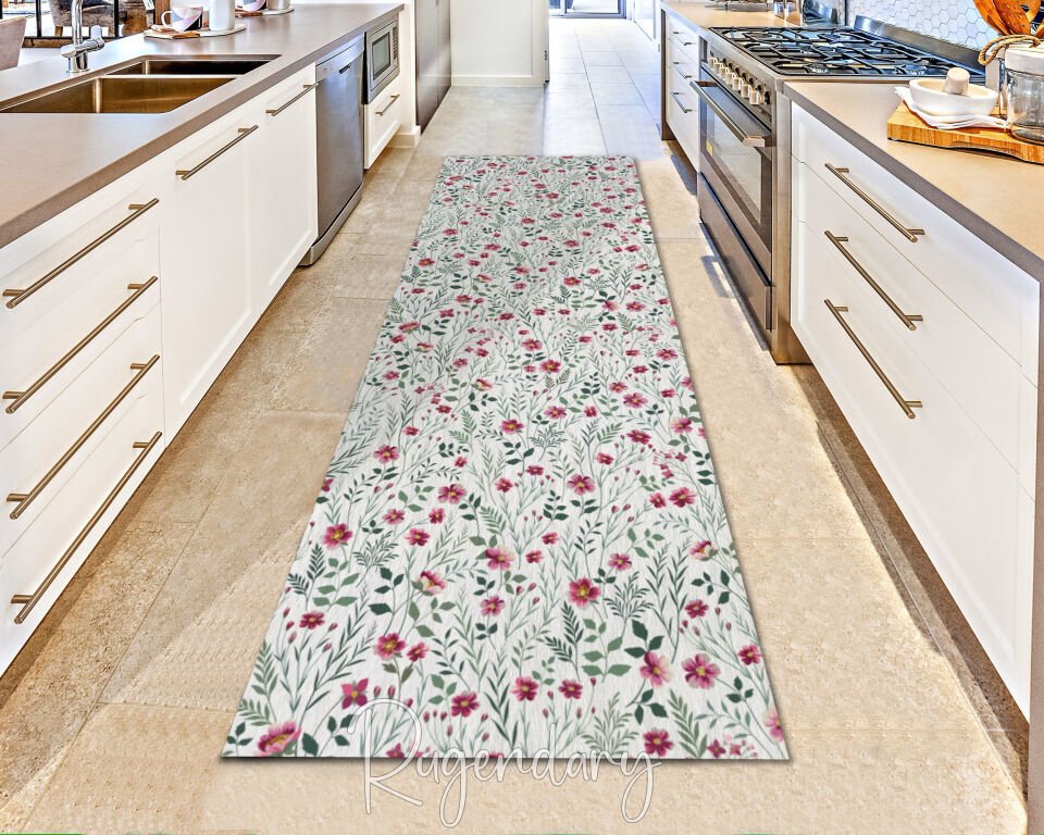 Floral Runner Rug – Elegant Pink & Green Botanical Hallway Carpet
