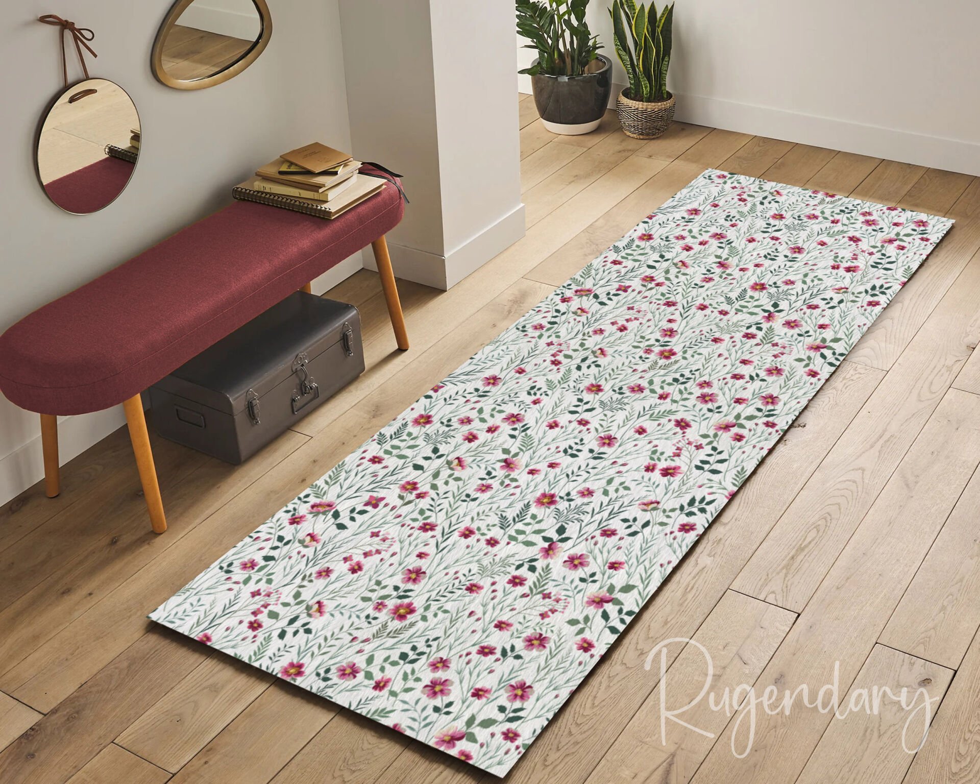 Floral Runner Rug – Elegant Pink & Green Botanical Hallway Carpet
