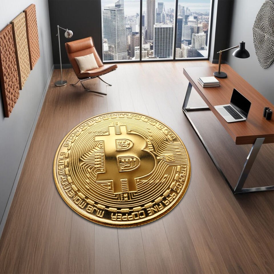 Gold Bitcoin Round Rug – Luxury Crypto Decor for Office & Home
