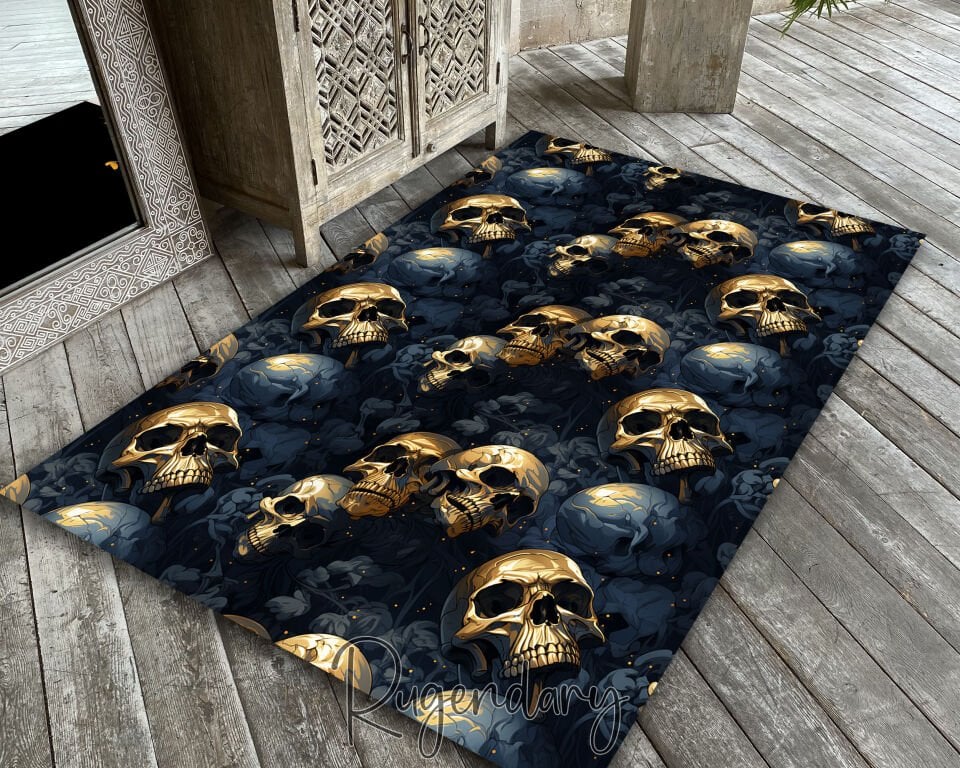 Luxury Gothic Skull Rug – Dark Gold & Black Artistic Floor Decor
