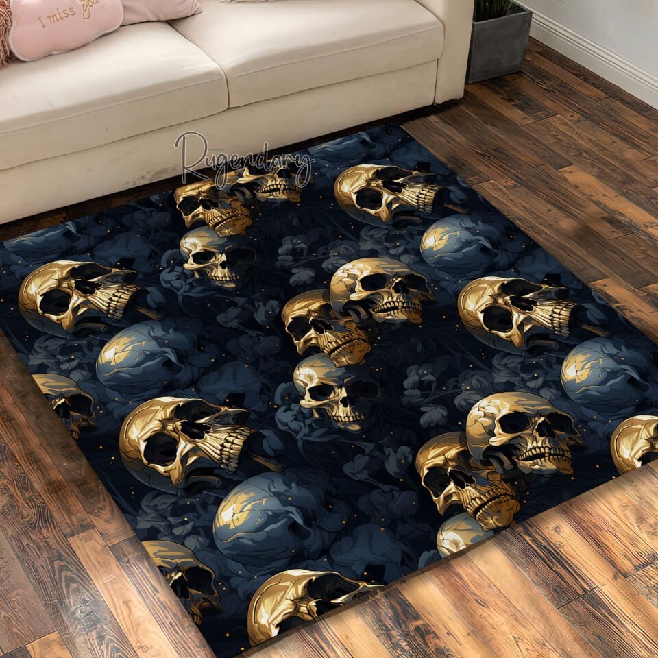 Luxury Gothic Skull Rug – Dark Gold & Black Artistic Floor Decor