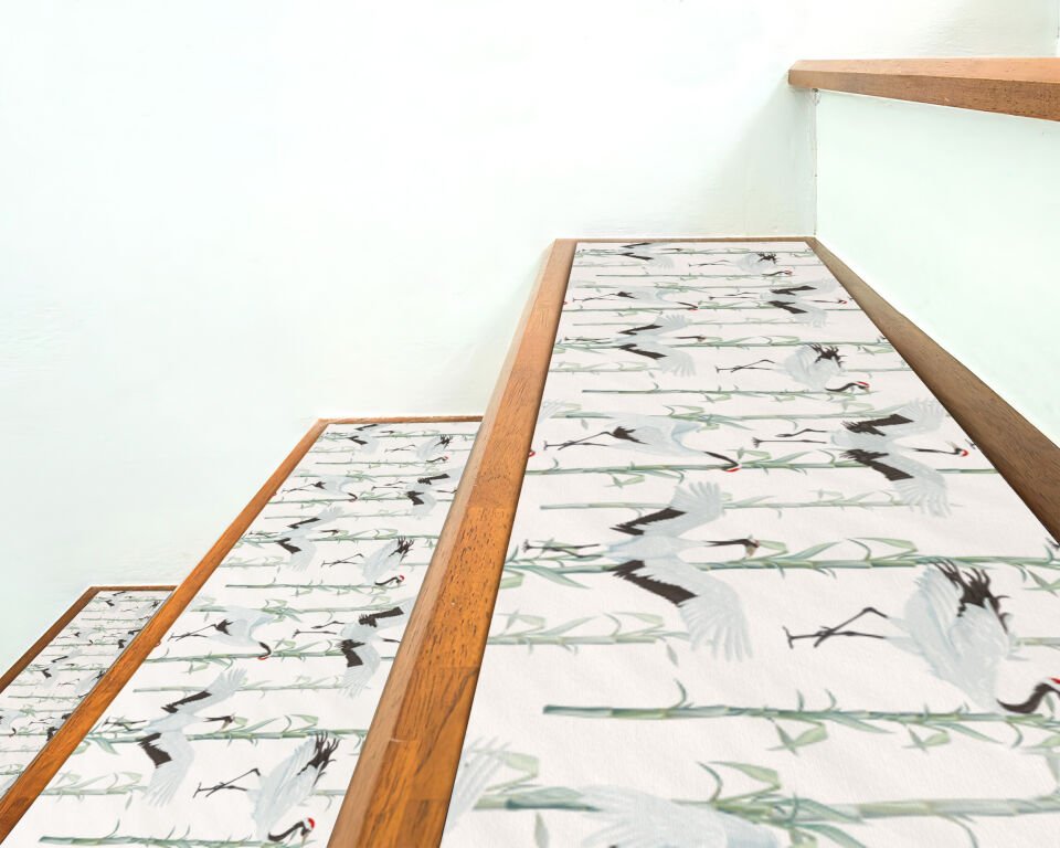 Oriental Crane & Bamboo Stair Treads – Tranquil Nature Design