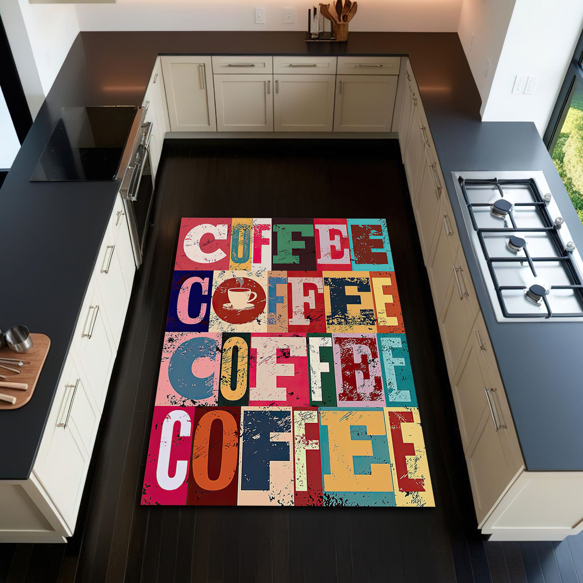 Colorful Coffee Print Kitchen Rug – Retro Pop Art Style for Energetic Kitchens