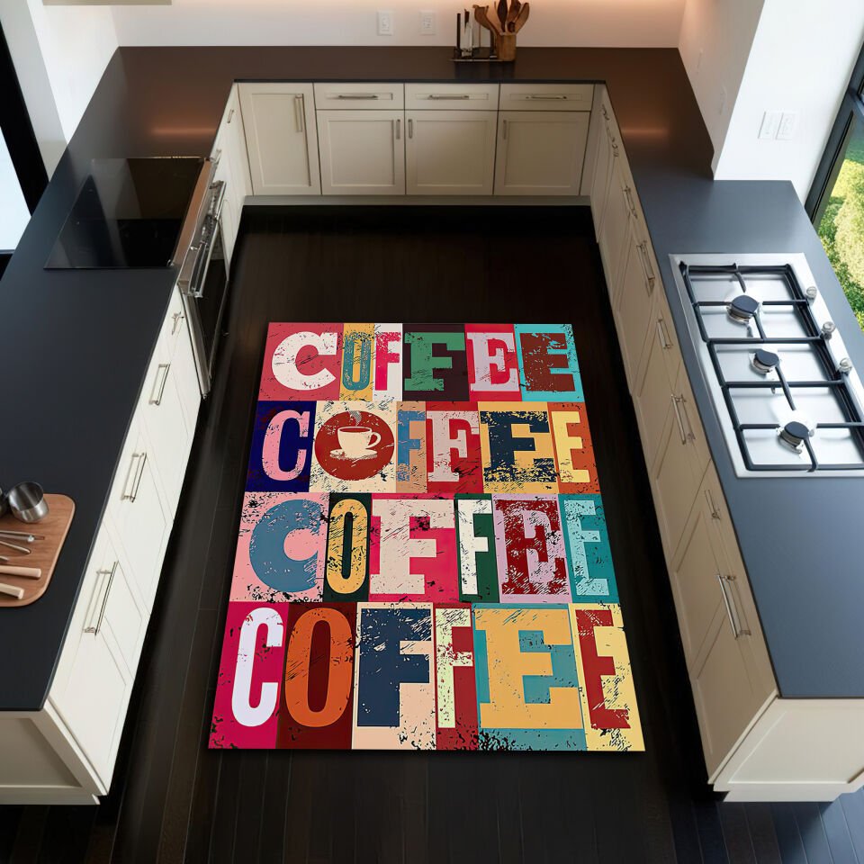 Colorful Coffee Print Kitchen Rug – Retro Pop Art Style for Energetic Kitchens