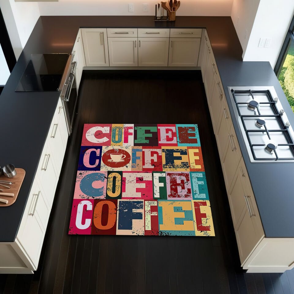 Colorful Coffee Print Kitchen Rug – Retro Pop Art Style for Energetic Kitchens