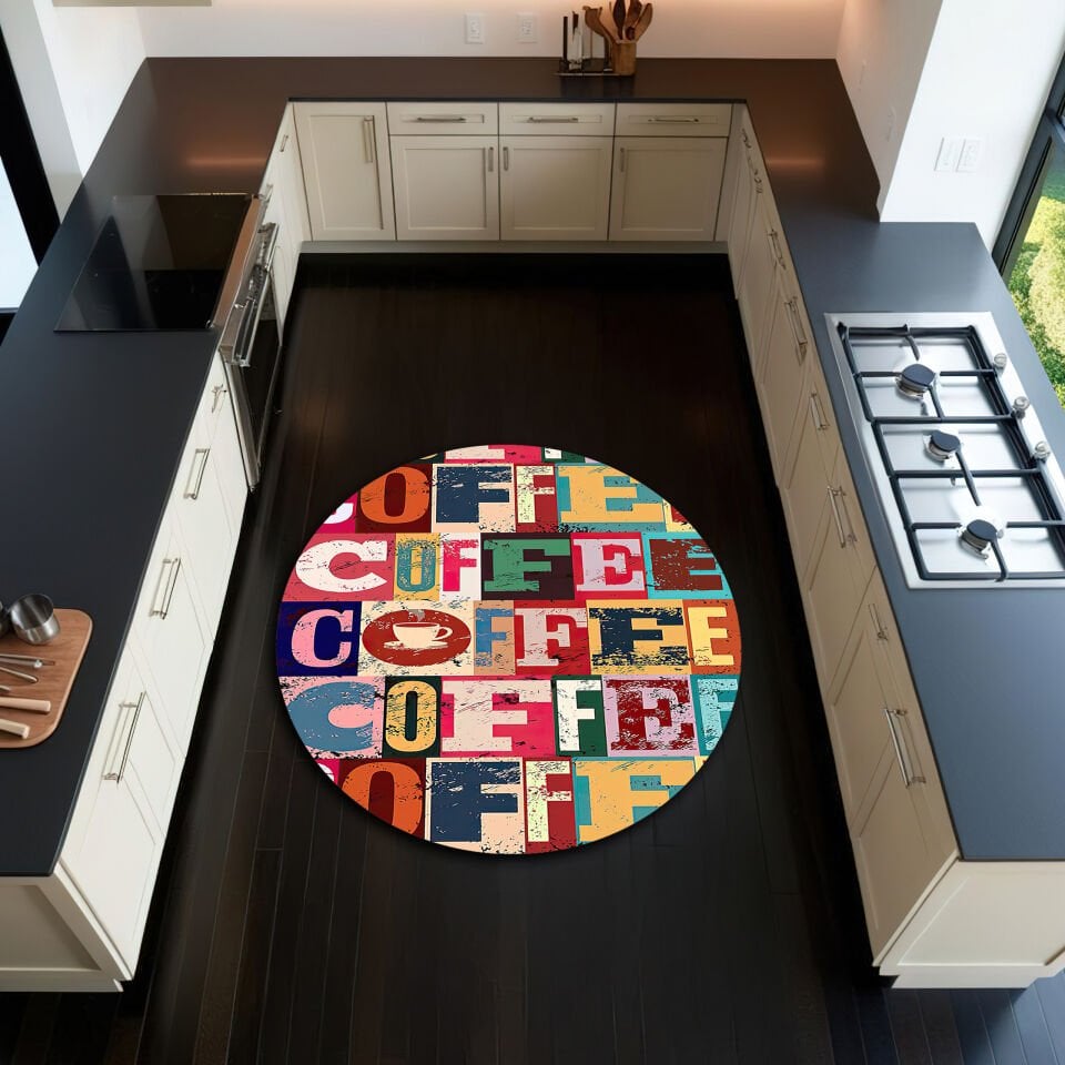 Colorful Coffee Print Kitchen Rug – Retro Pop Art Style for Energetic Kitchens
