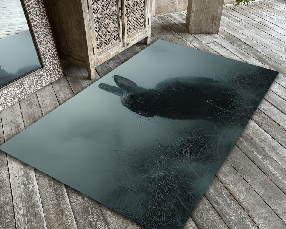 Gothic Black Rabbit Rug Mystical Bunny Dark Aesthetic Carpet Floor Mat for Living Room Decor