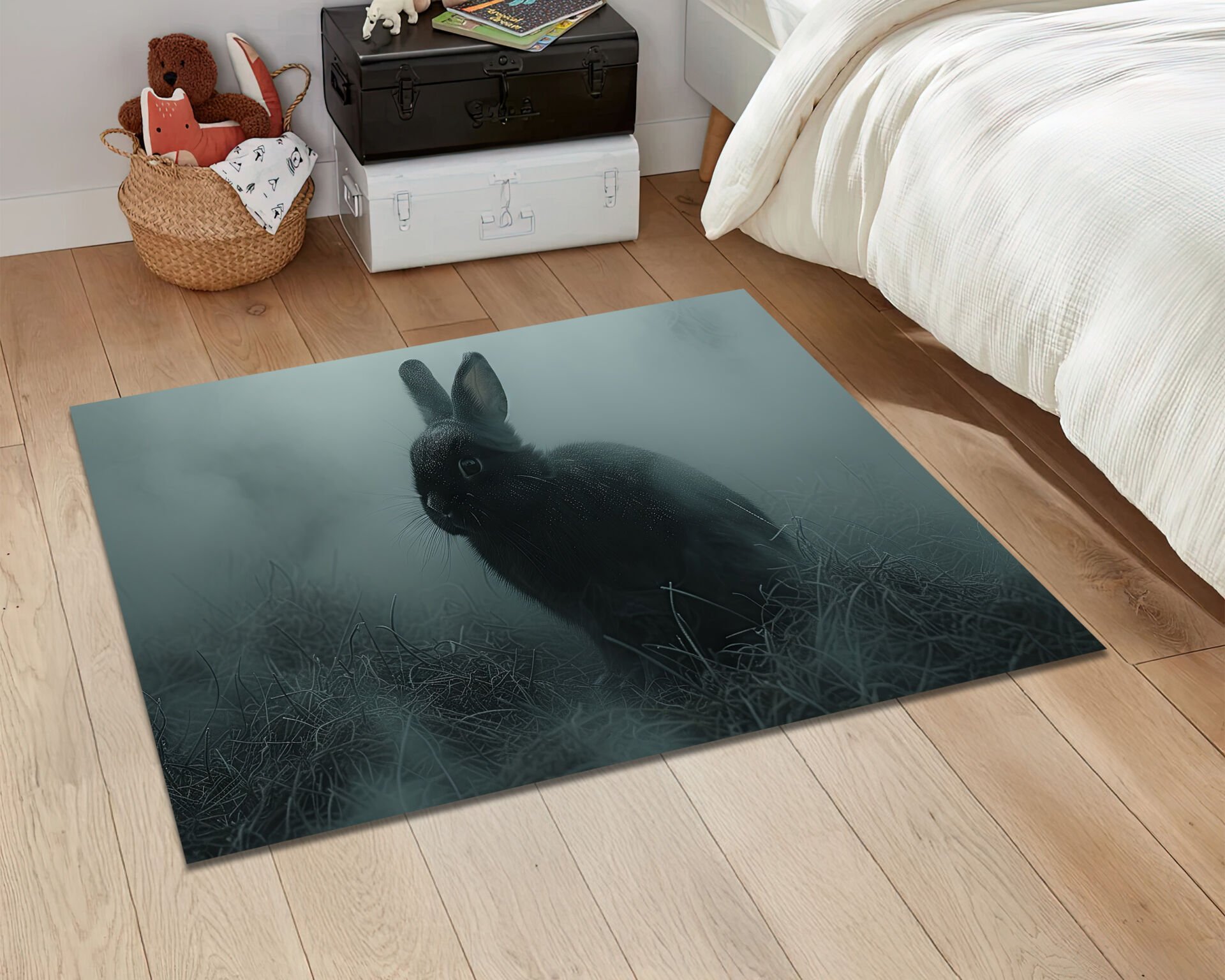 Gothic Black Rabbit Rug Mystical Bunny Dark Aesthetic Carpet Floor Mat for Living Room Decor
