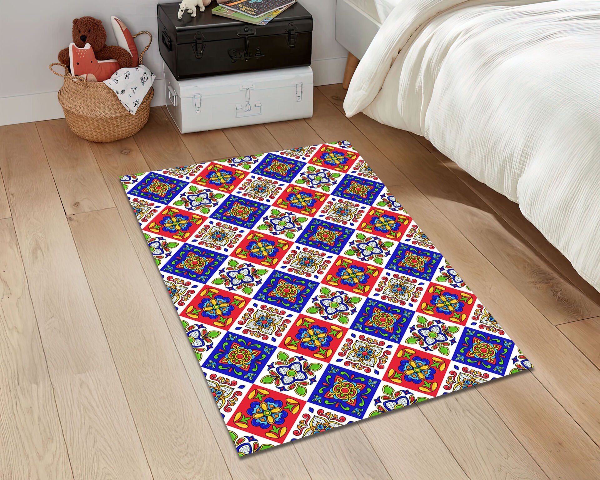 Mediterranean Tile Pattern Rug Colorful Boho Carpet for Kitchen Living Room and Outdoor Decor