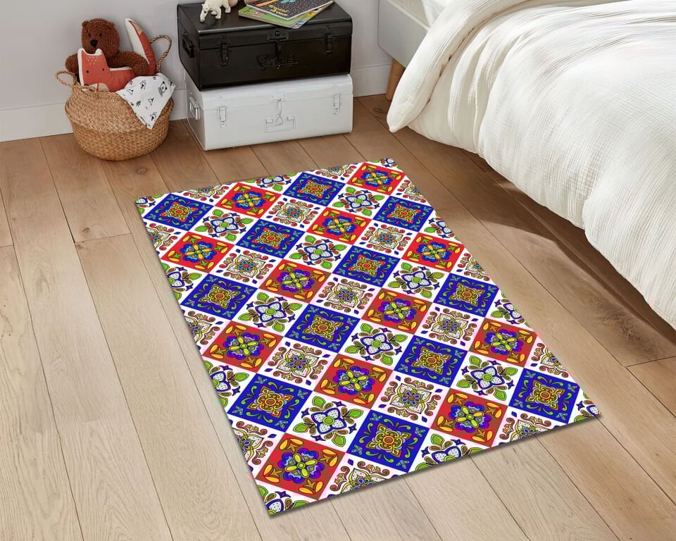 Mediterranean Tile Pattern Rug Colorful Boho Carpet for Kitchen Living Room and Outdoor Decor