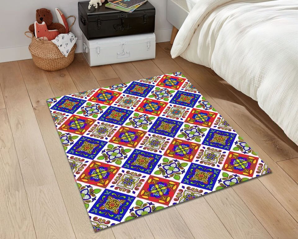 Mediterranean Tile Pattern Rug Colorful Boho Carpet for Kitchen Living Room and Outdoor Decor
