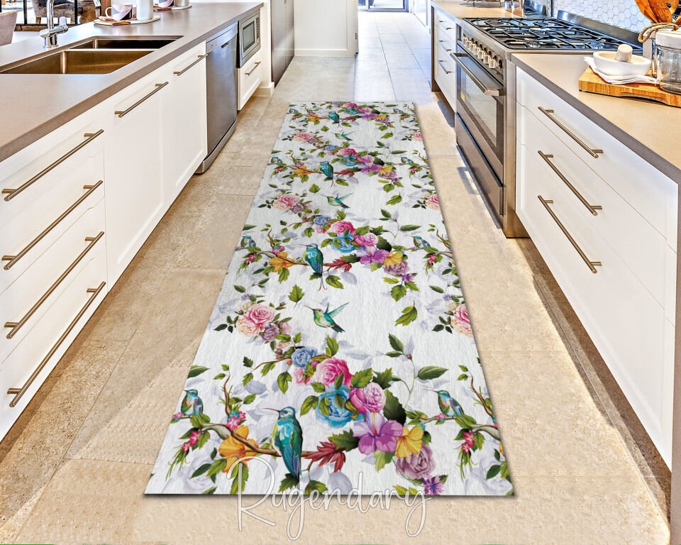 Vibrant Floral Runner Rug with Colorful Flowers and Birds – Nature-Inspired Hallway Accent