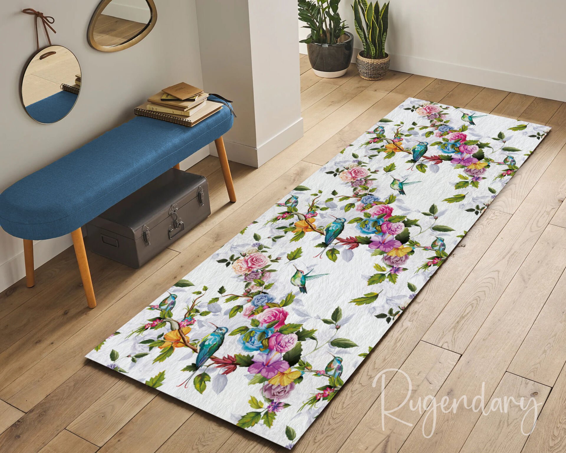 Vibrant Floral Runner Rug with Colorful Flowers and Birds – Nature-Inspired Hallway Accent