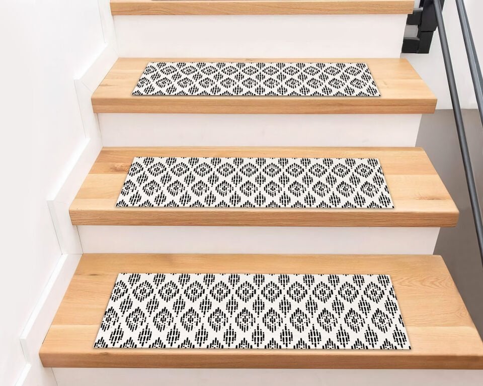 Black and White Geometric Pattern Stair Treads – Modern Minimalist Design