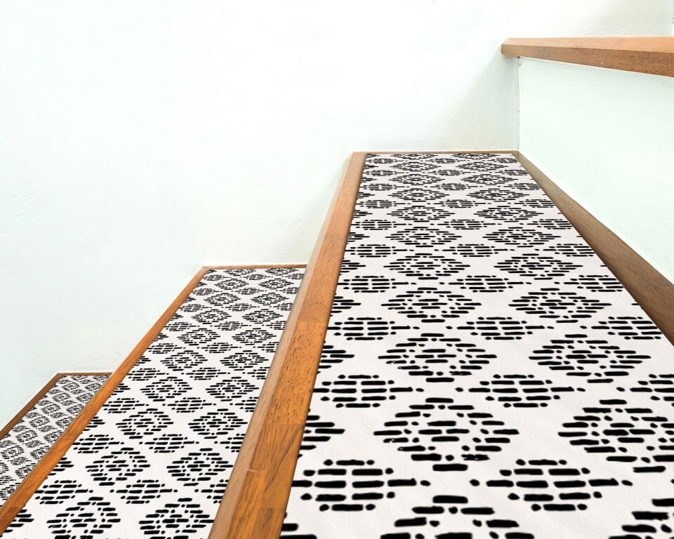 Black and White Geometric Pattern Stair Treads – Modern Minimalist Design