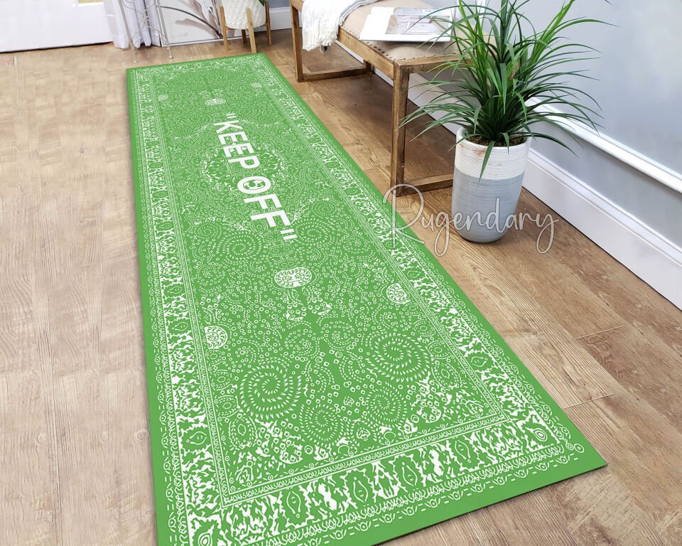 Green Runner Rug with ''KEEP OFF'' Quote – Modern Decorative Hallway Carpet