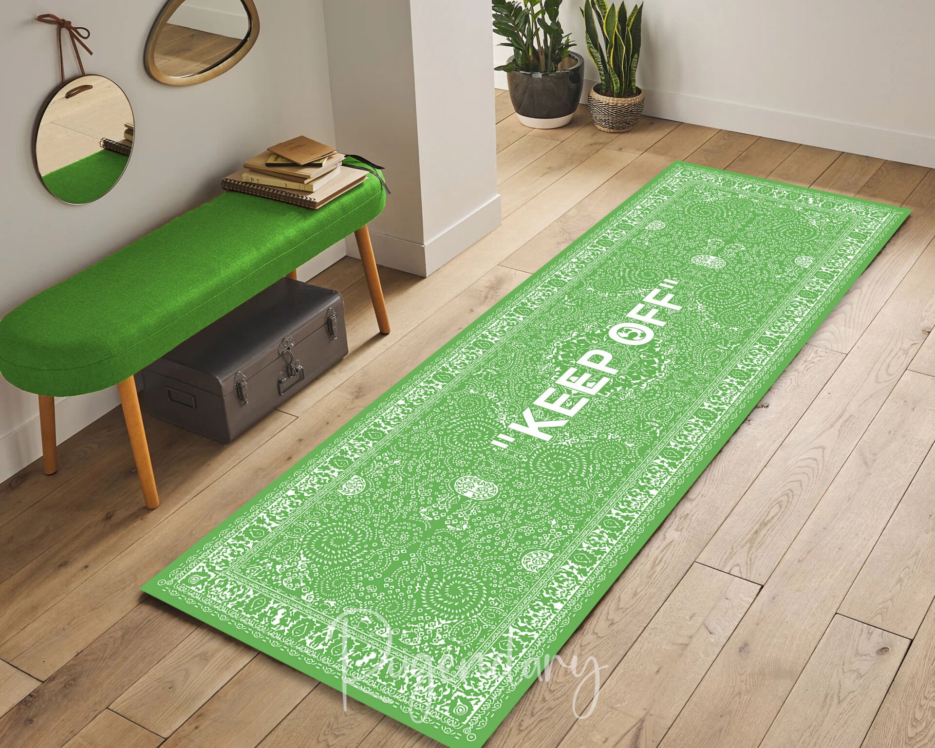 Green Runner Rug with ''KEEP OFF'' Quote – Modern Decorative Hallway Carpet