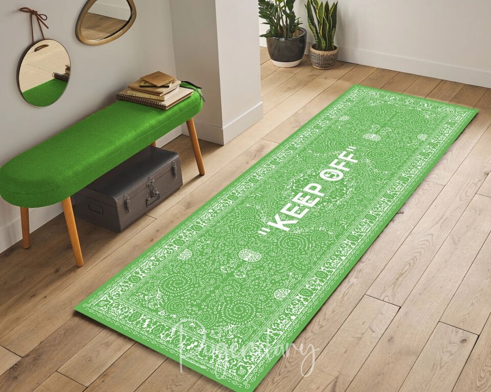 Green Runner Rug with ''KEEP OFF'' Quote – Modern Decorative Hallway Carpet