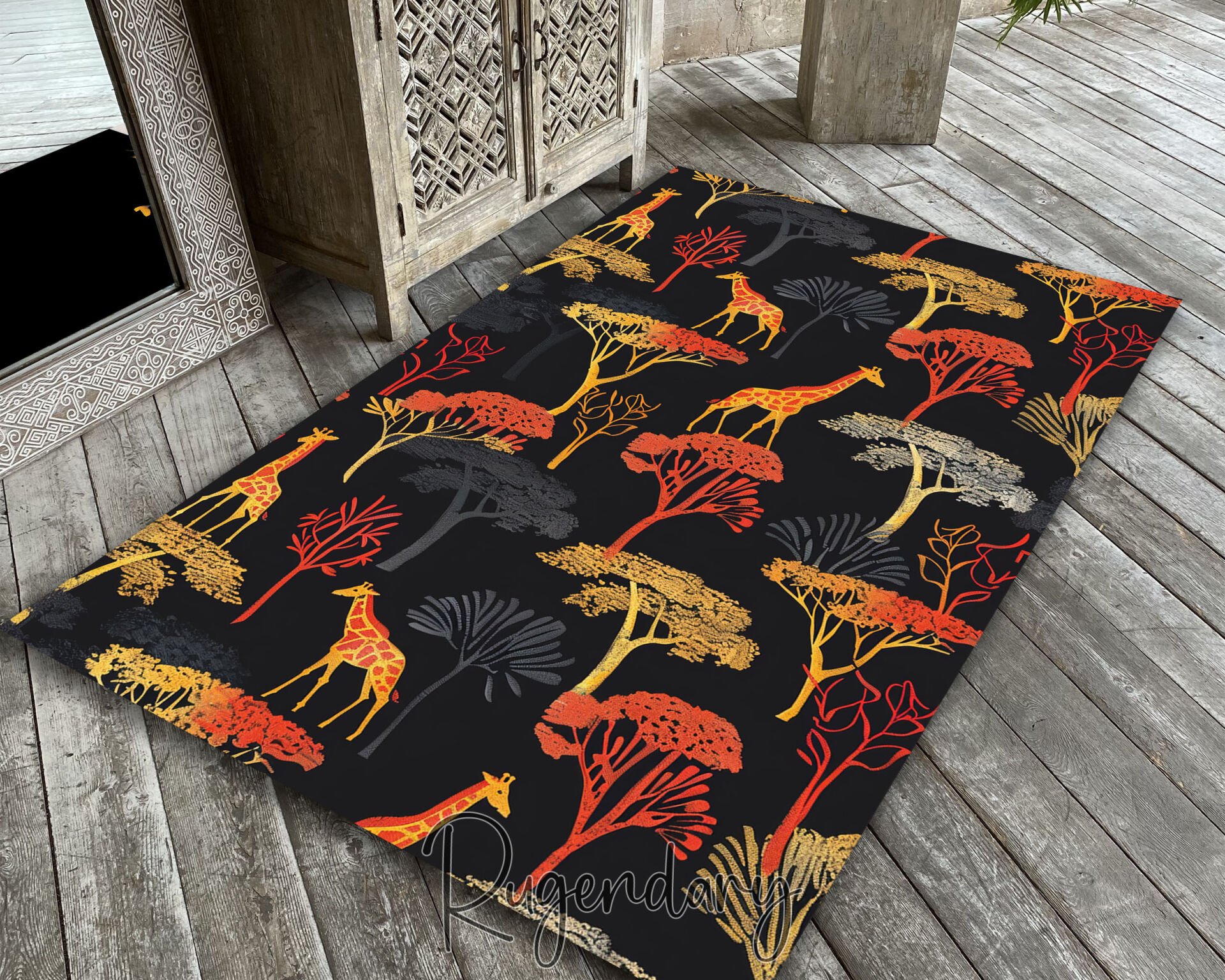 Safari Living Room Rug – Giraffe & Acacia Tree Design on Black Background