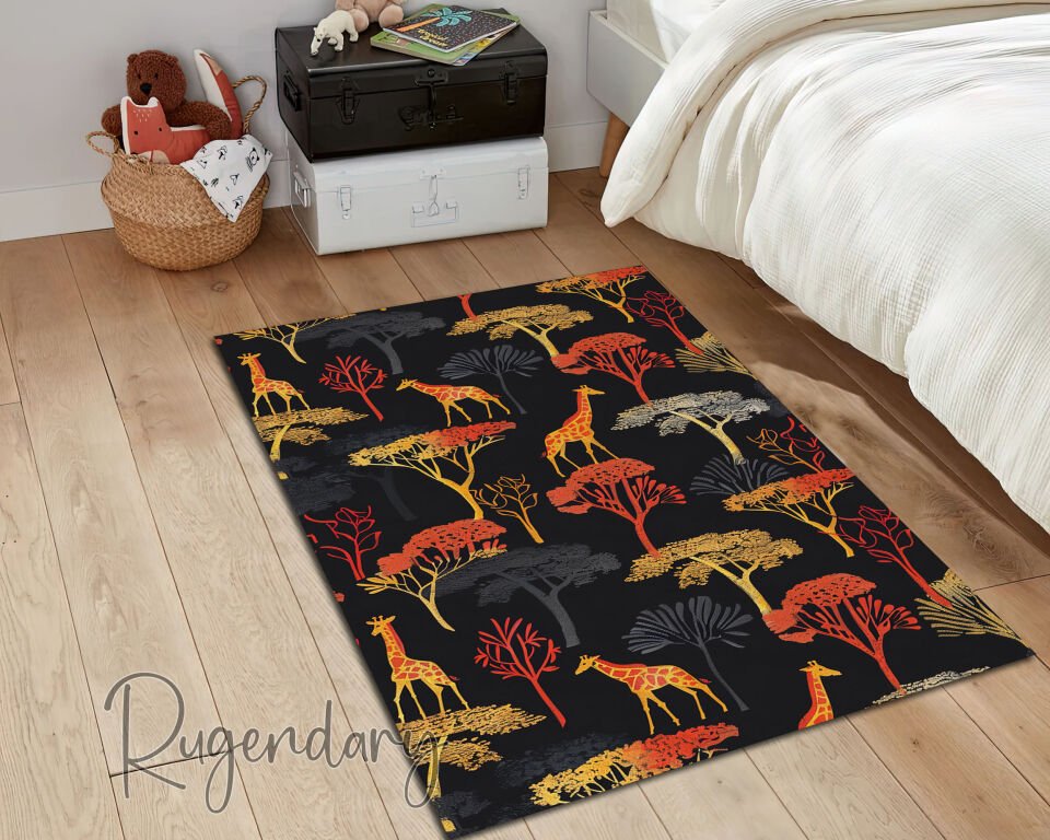Safari Living Room Rug – Giraffe & Acacia Tree Design on Black Background