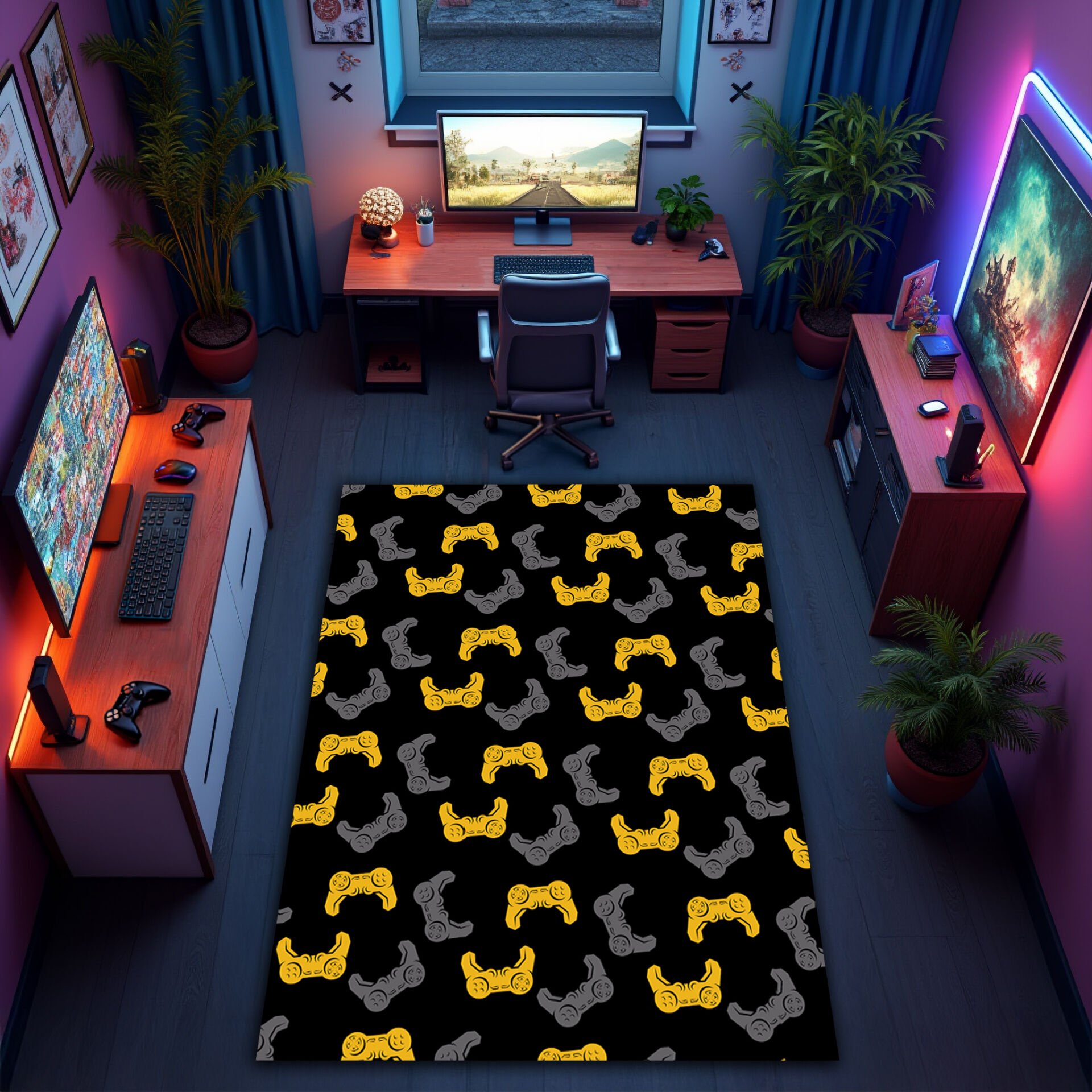 Gaming Controllers Pattern Rug – Yellow & Gray on Black