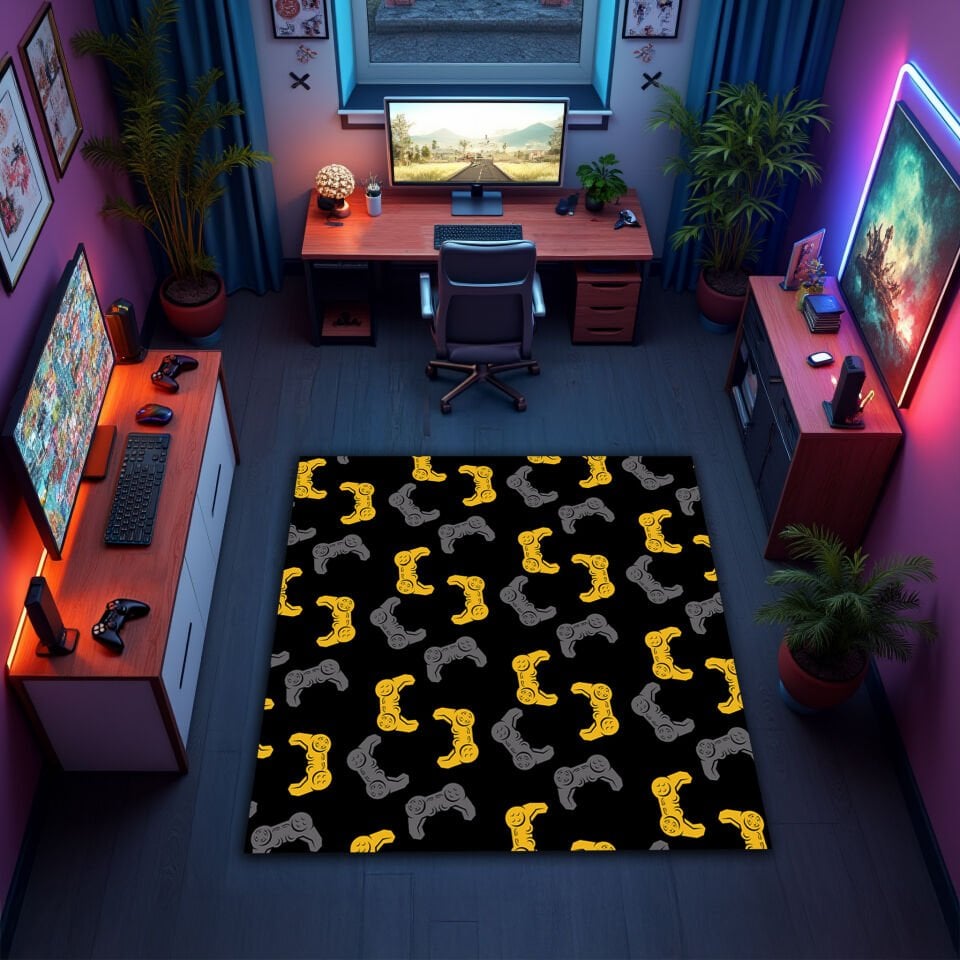 Gaming Controllers Pattern Rug – Yellow & Gray on Black