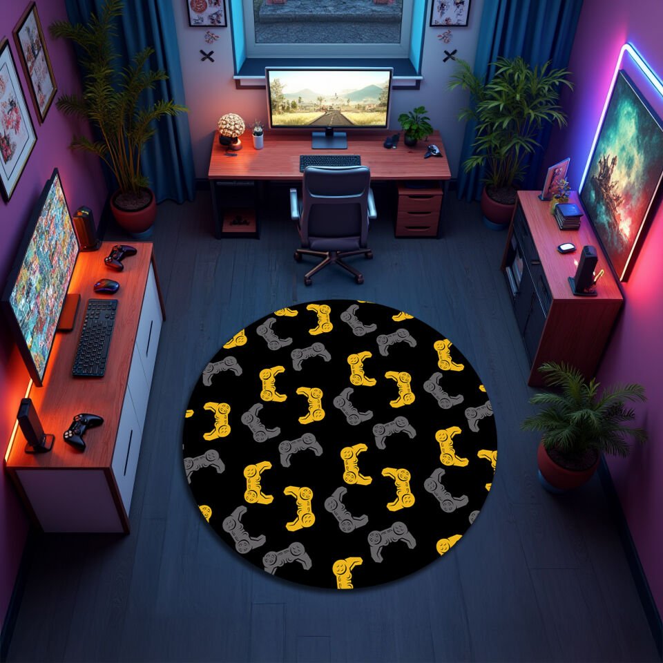 Gaming Controllers Pattern Rug – Yellow & Gray on Black