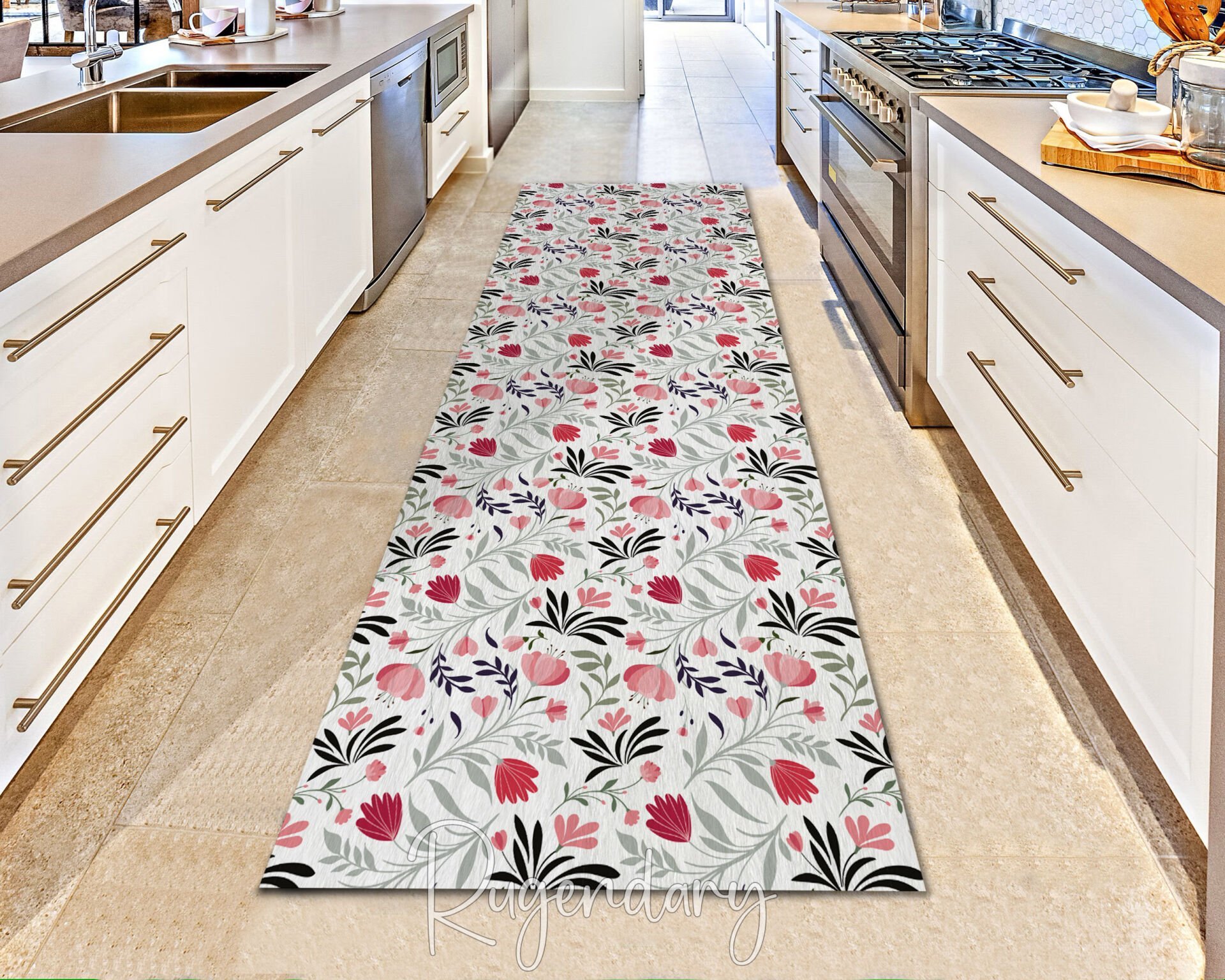 White Floral Runner Rug – Elegant Pink & Green Botanical Long Carpet