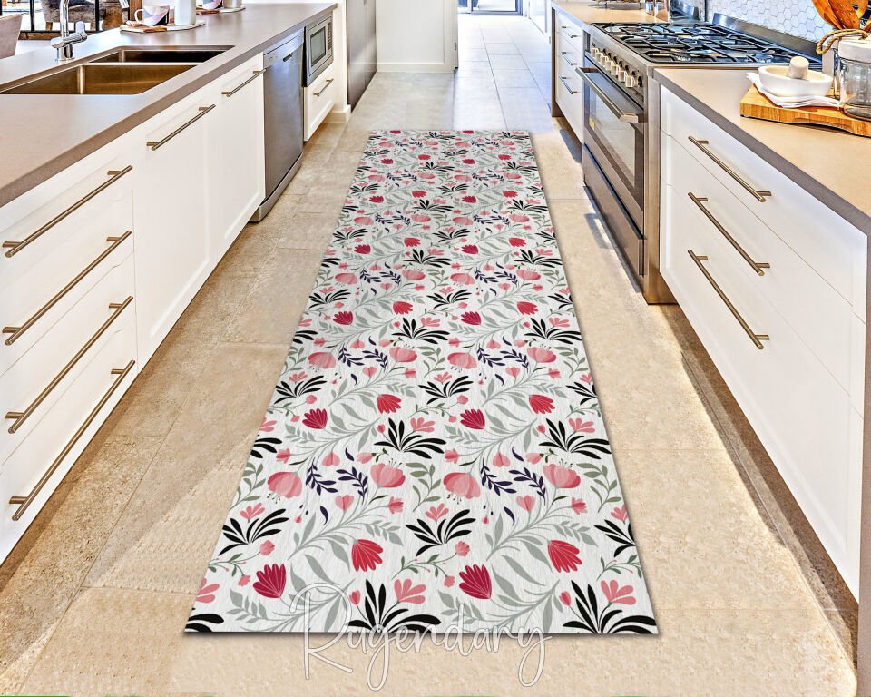 White Floral Runner Rug – Elegant Pink & Green Botanical Long Carpet