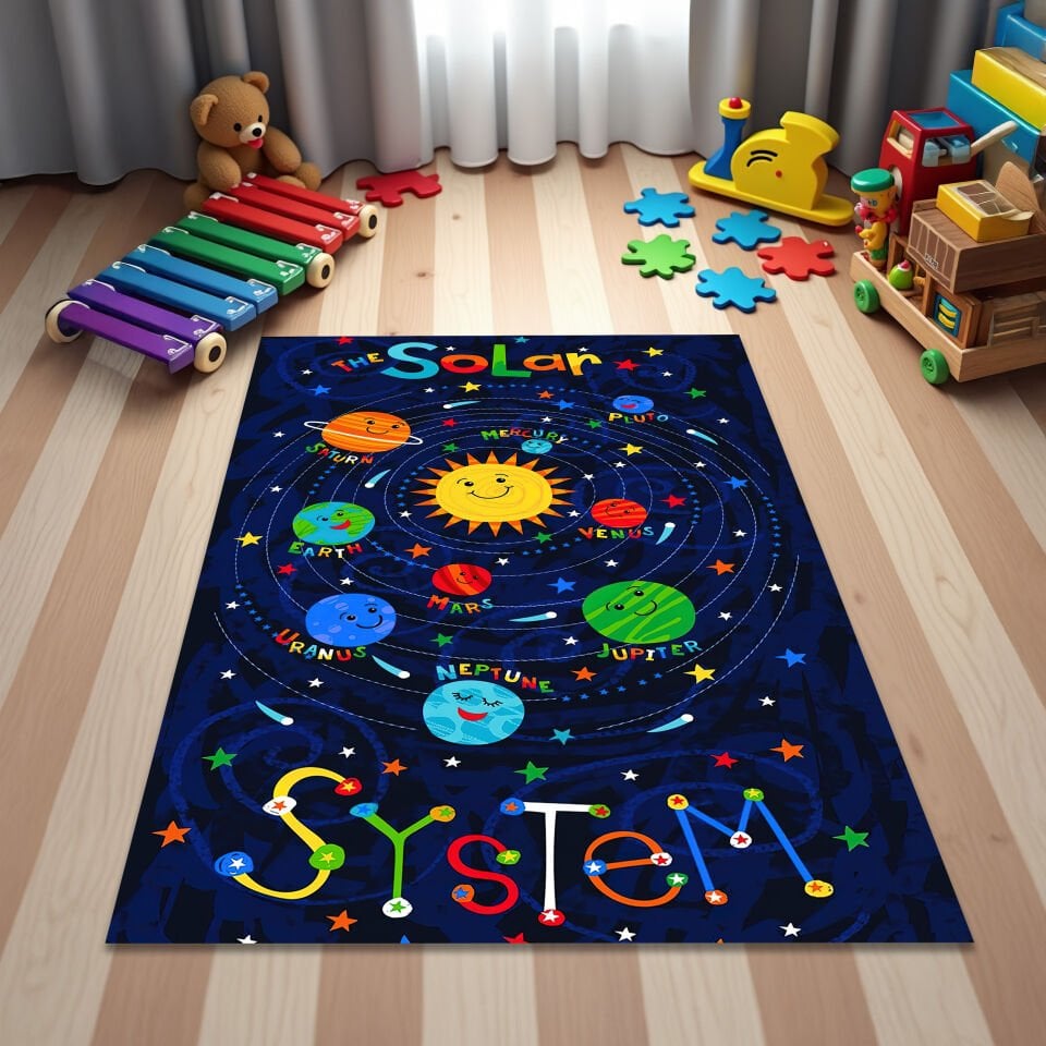 Kids Solar System Rug – Colorful Space Theme Educational Play Mat