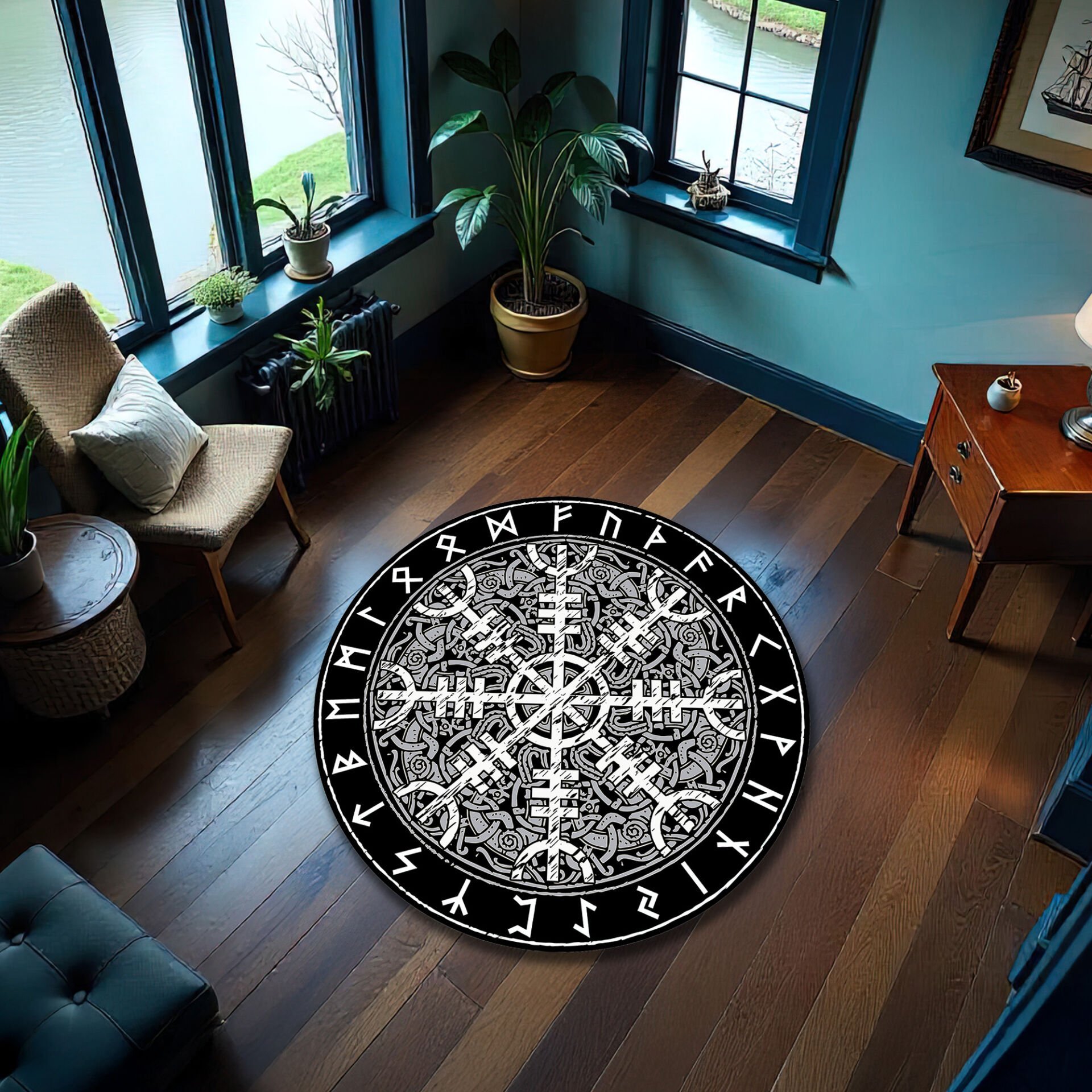 Nordic Viking Compass Round Rug – Vegvisir Rune Symbol