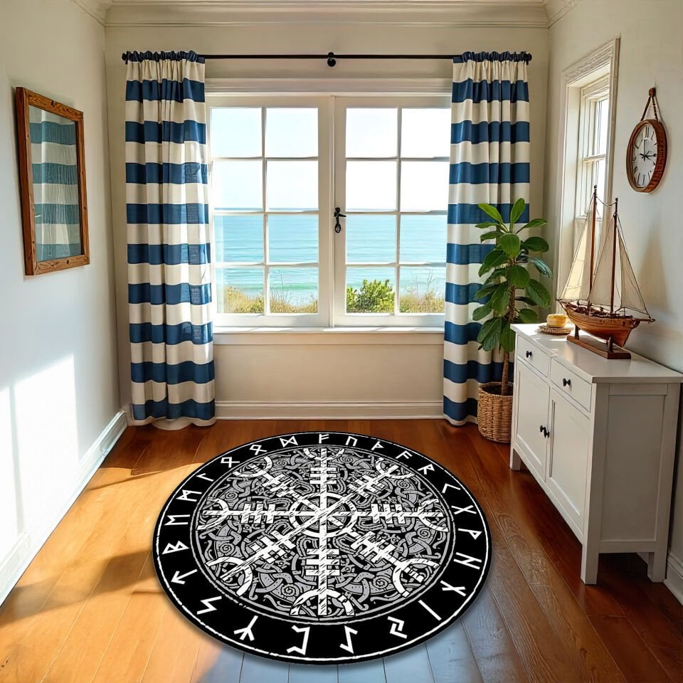 Nordic Viking Compass Round Rug – Vegvisir Rune Symbol