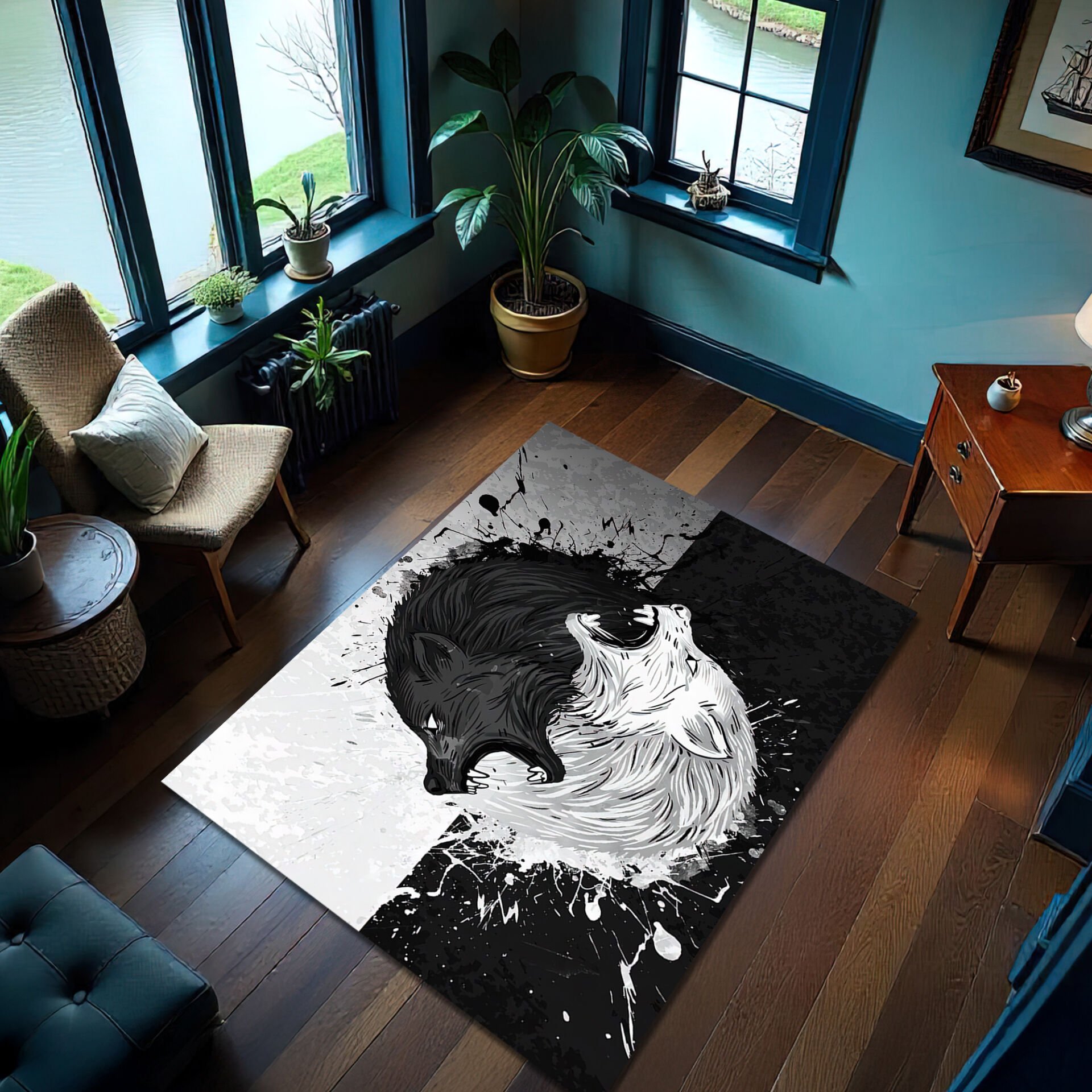Yin Yang Wolf Design Living Room Rug – Black & White Spirit Animal Carpet