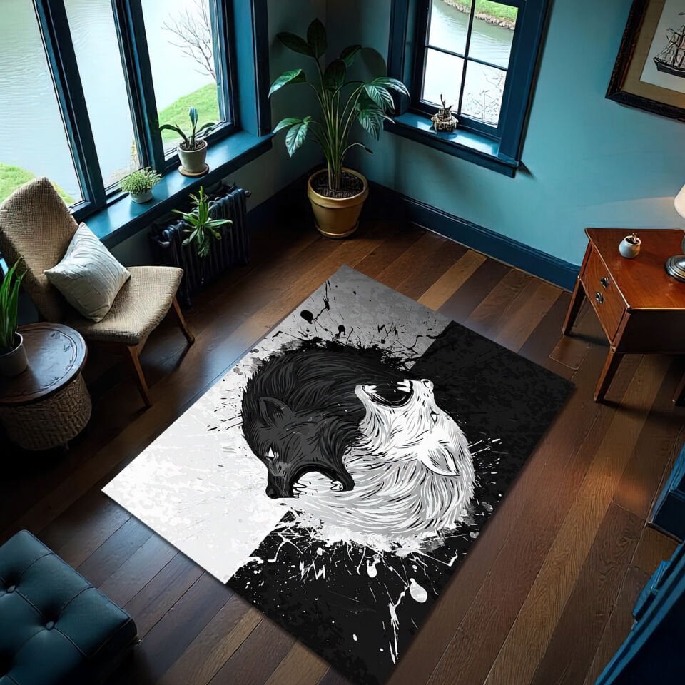 Yin Yang Wolf Design Living Room Rug – Black & White Spirit Animal Carpet
