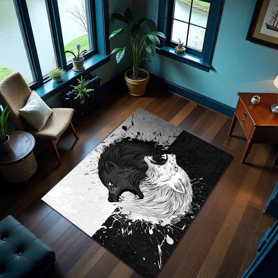 Yin Yang Wolf Design Living Room Rug – Black & White Spirit Animal Carpet