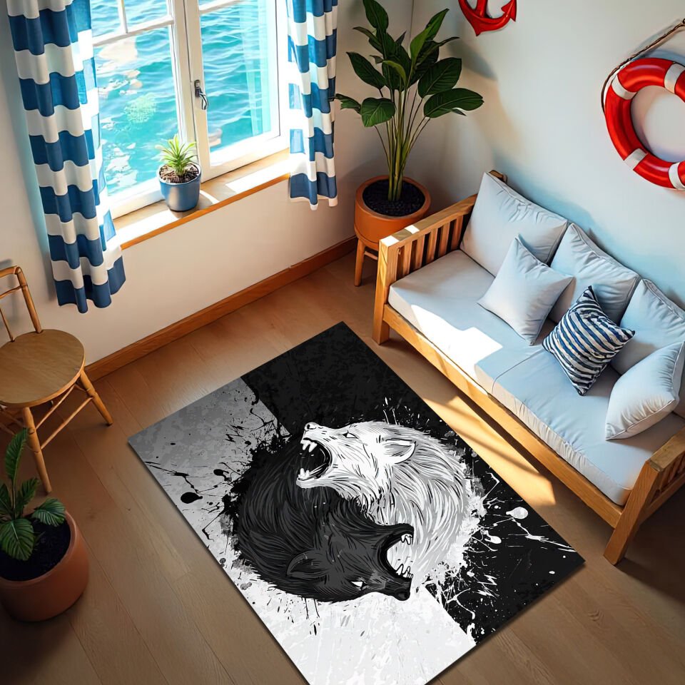 Yin Yang Wolf Design Living Room Rug – Black & White Spirit Animal Carpet