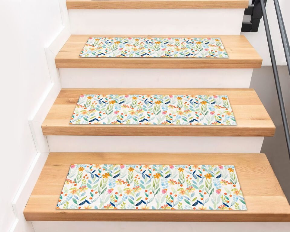 Colorful Watercolor Floral Stair Treads – Soft Botanical Step Mats