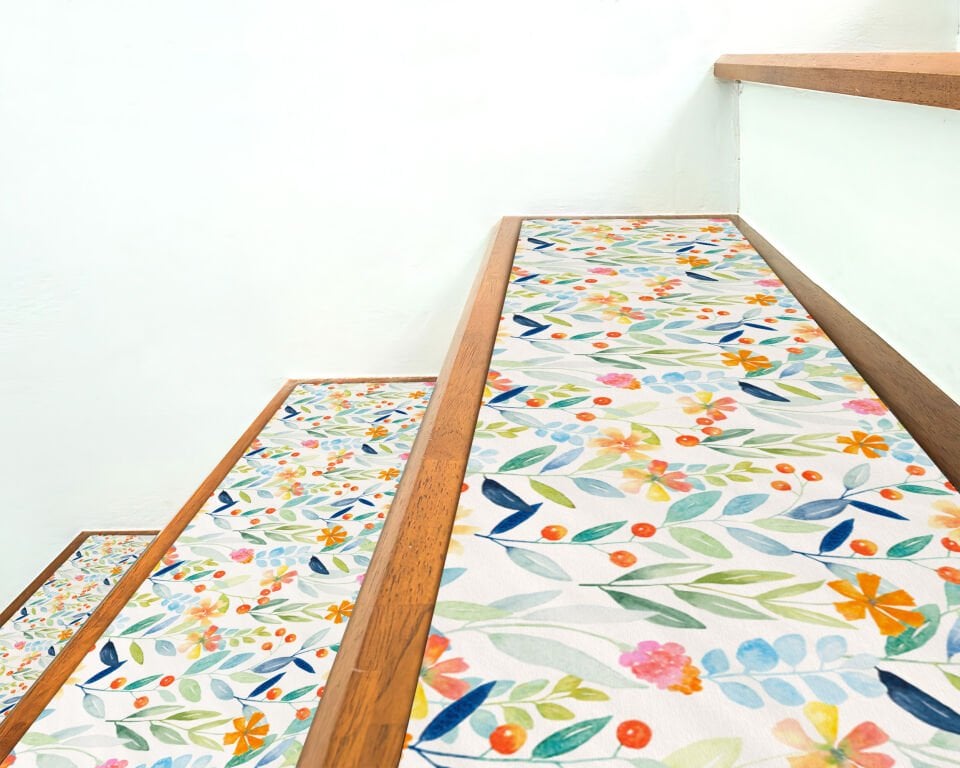 Colorful Watercolor Floral Stair Treads – Soft Botanical Step Mats