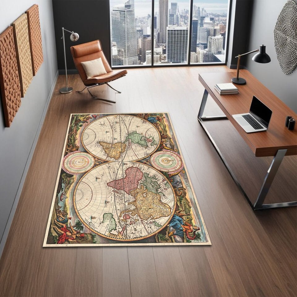 Vintage World Map Rug – Antique Style Office & Study Carpet