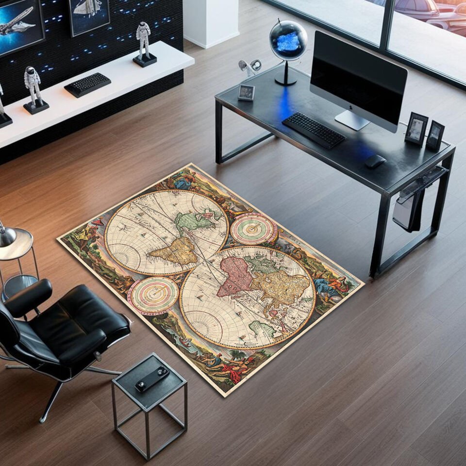 Vintage World Map Rug – Antique Style Office & Study Carpet