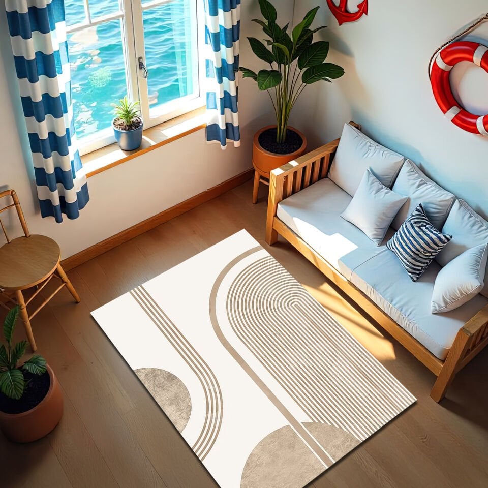 Modern Beige Arch Pattern Rug – Minimalist Geometric Carpet
