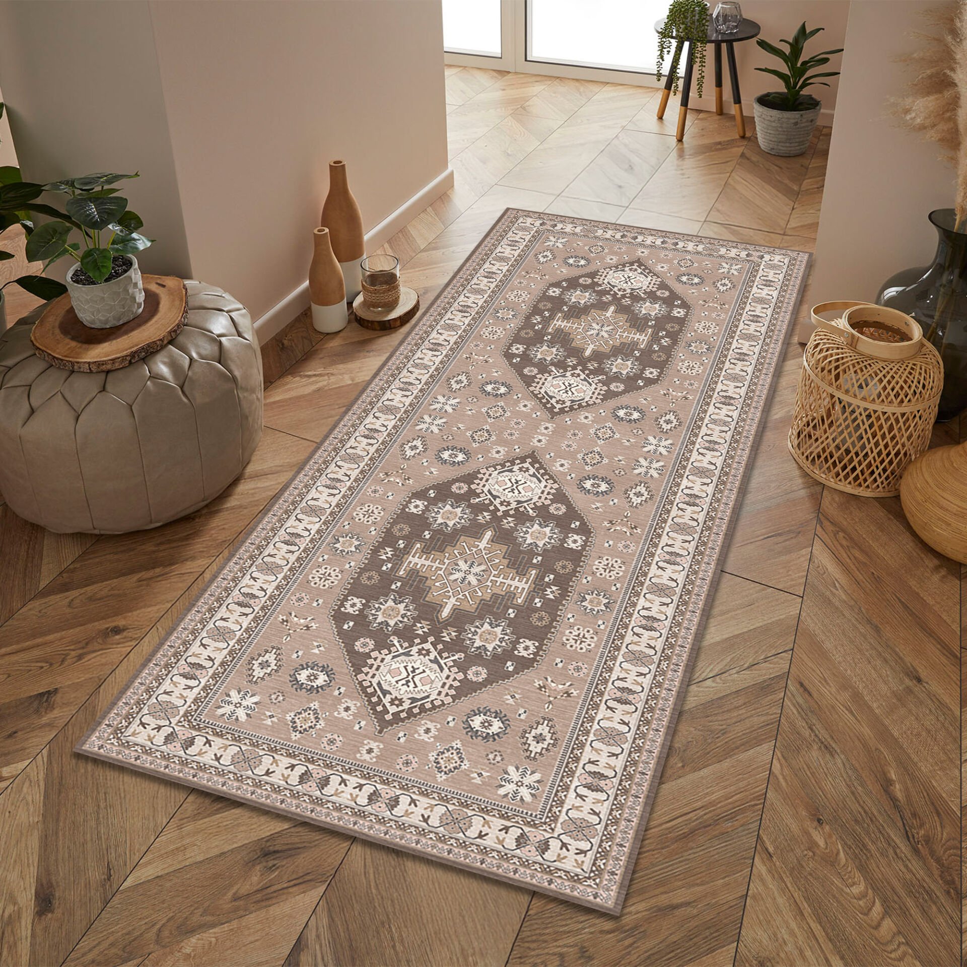 Ethnic Patterned Boho Style Runner Rug in Beige and Brown Tones