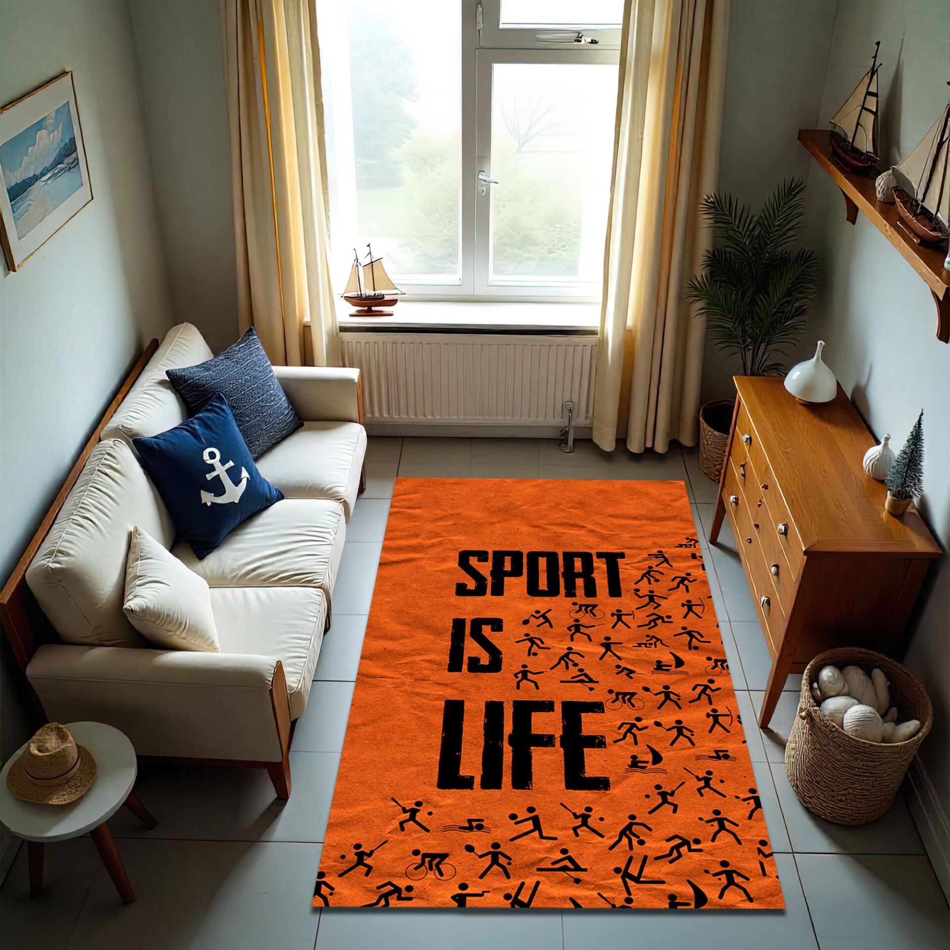 ''SPORT IS LIFE'' Rug – Bold Orange Sports-Themed Carpet for Active Lifestyles
