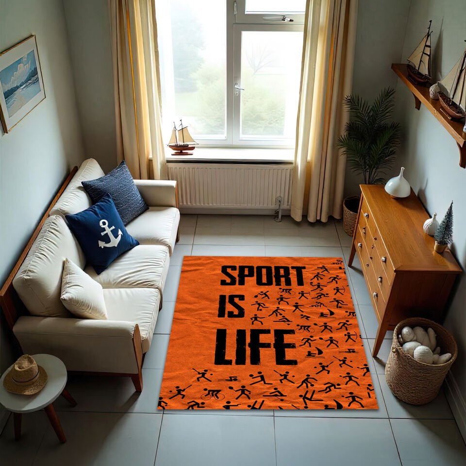 ''SPORT IS LIFE'' Rug – Bold Orange Sports-Themed Carpet for Active Lifestyles
